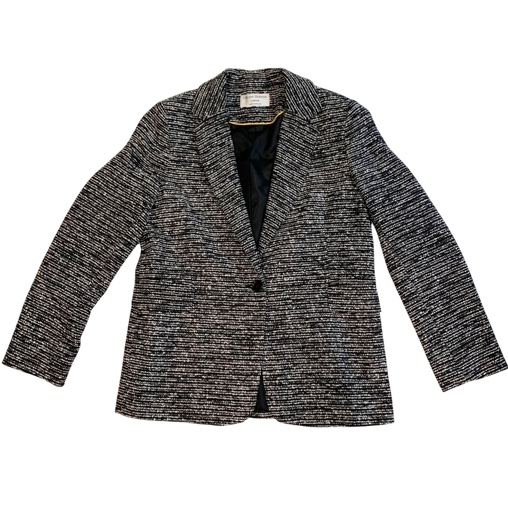 Helene Berman London Black White Tweed Blazer Jacket Made in England Women L